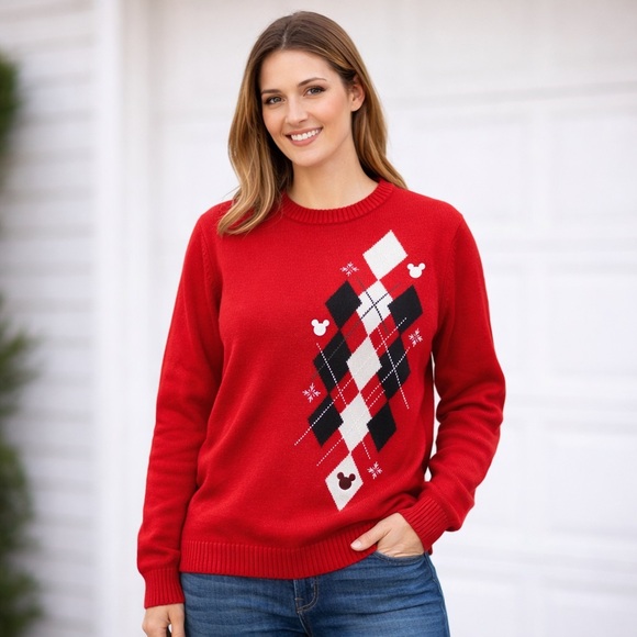 Vintage 90s Mickey Mouse Disney Argyle Pullover Sweater Oversized Red - XL - Picture 4 of 13